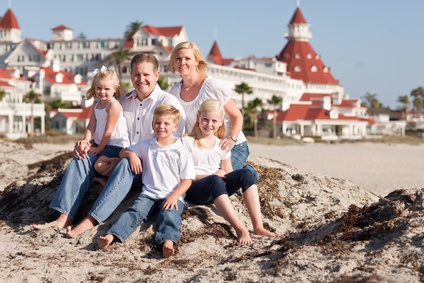Happy Caucasian Family in Front of Hotel Del Coronado, U.S.A., on a Sunny Afternoon.