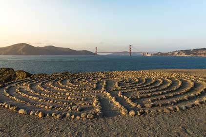Golden Gate Bridge with Labyrinth rock from Land End