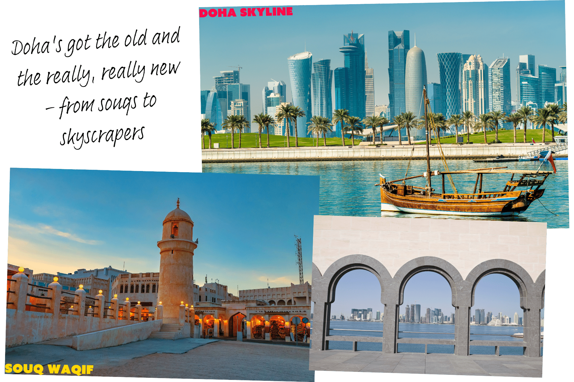 Collage of things to do in Doha: skyscrapers and the Souq Waqif - one of the best stopover cities flying to Asia.