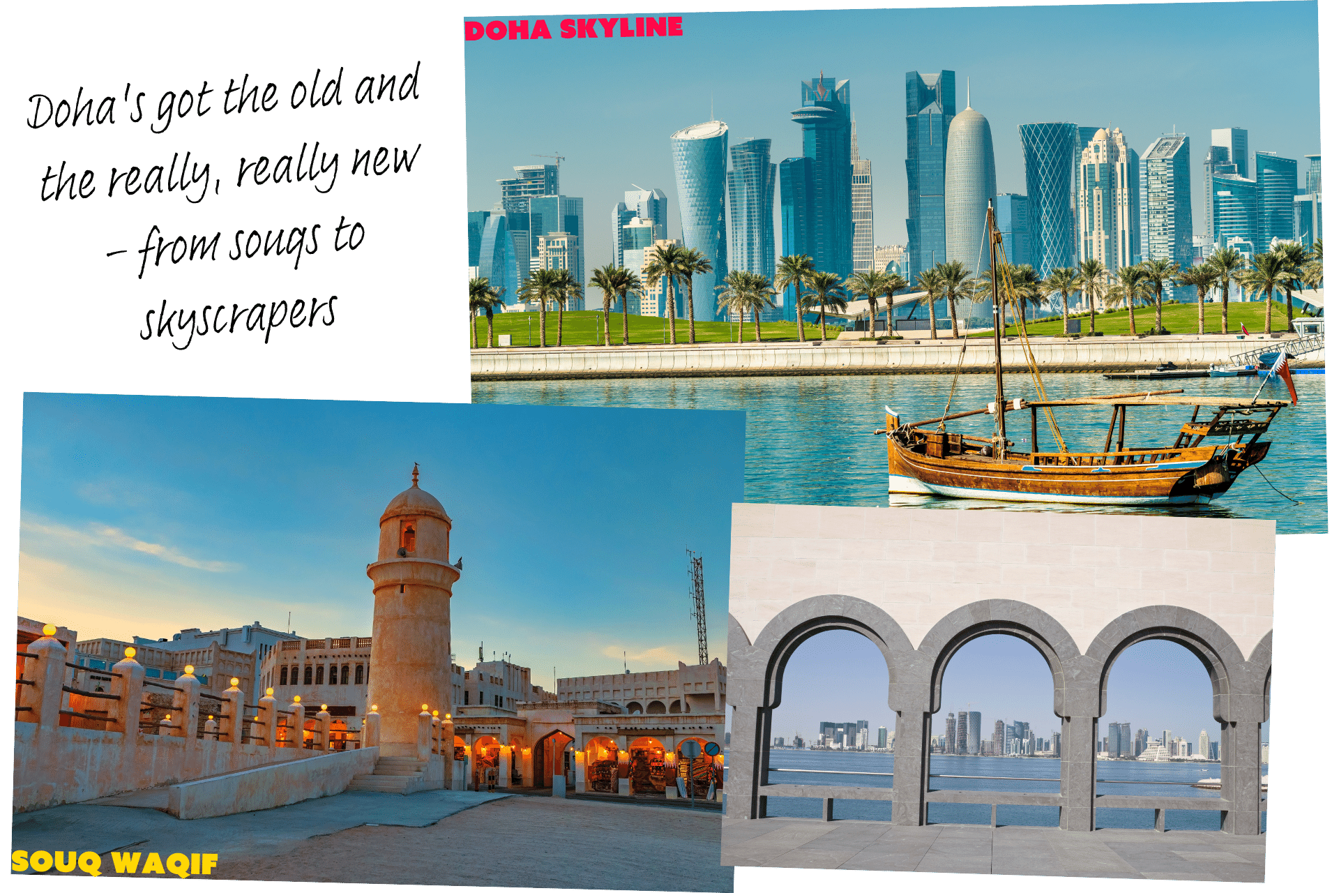 Collage of things to do in Doha: skyscrapers and the Souq Waqif - one of the best stopover cities flying to Asia.