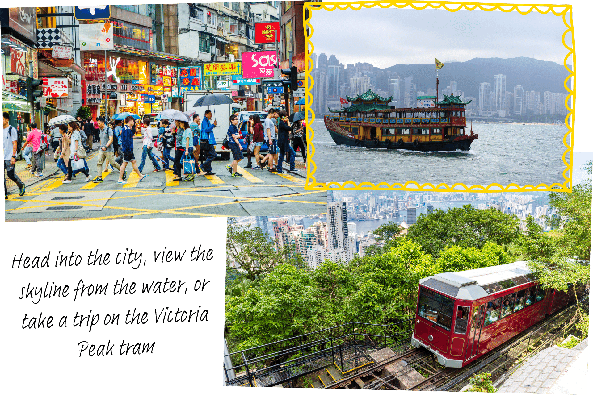 A collage of images showing things to do in Hong Kong - one of the best stopover cities for flying to Asia.