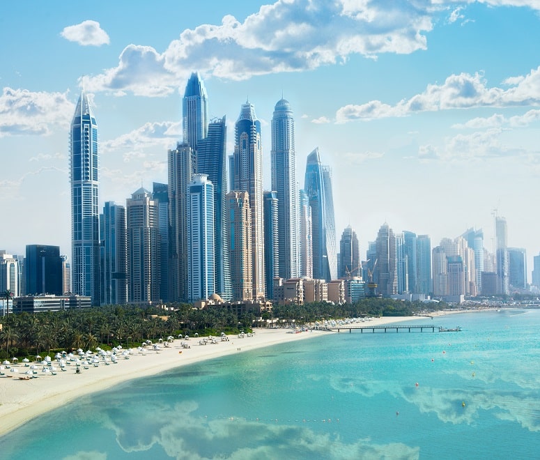 Dubai marina, beach and skyline in summer