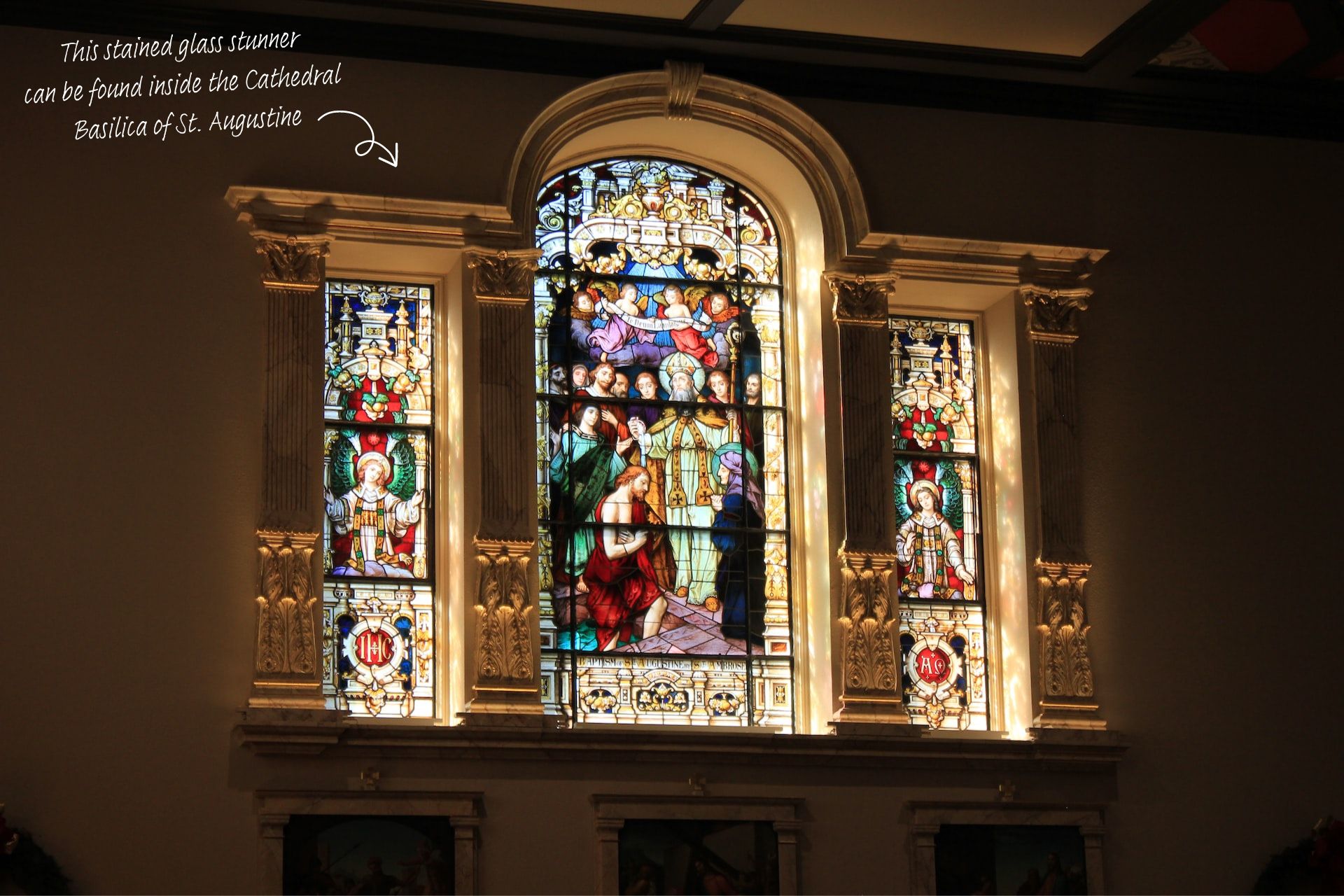 A stained window in the Cathedral Basilica of St. Augustine in St. Augustine in Florida.