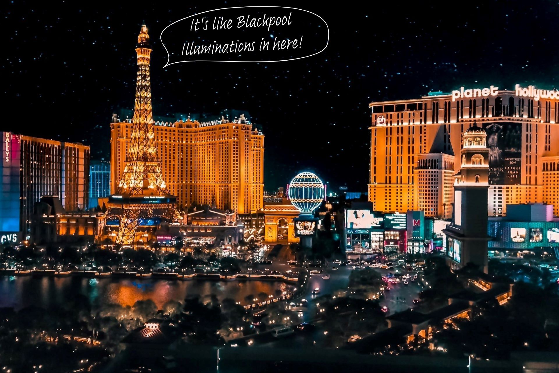 Vegas skyline at night, featuring a replica of the Eiffel Tower, hotels, and Planet Hollywood.