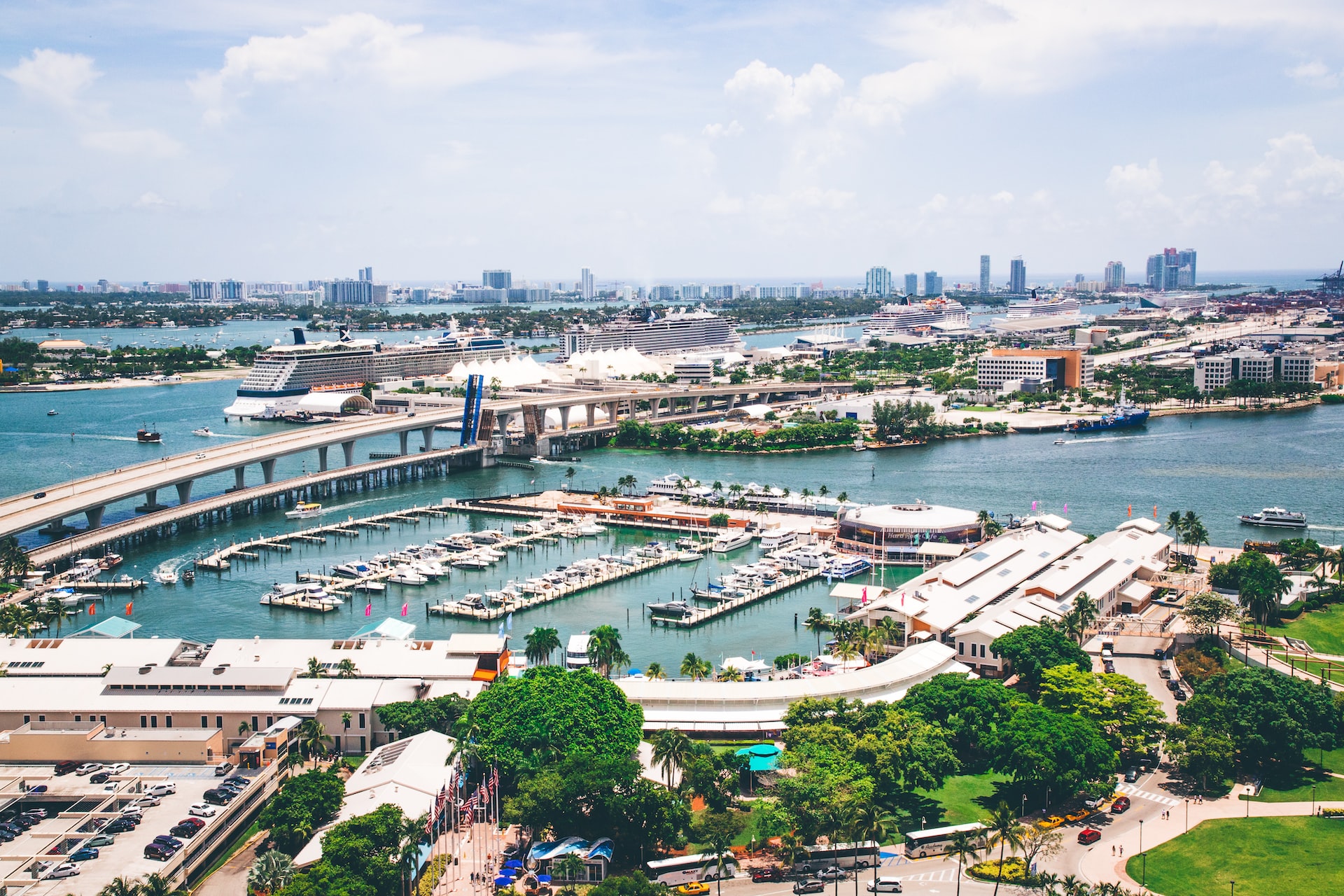 Miami from above, with cruise shops docking.