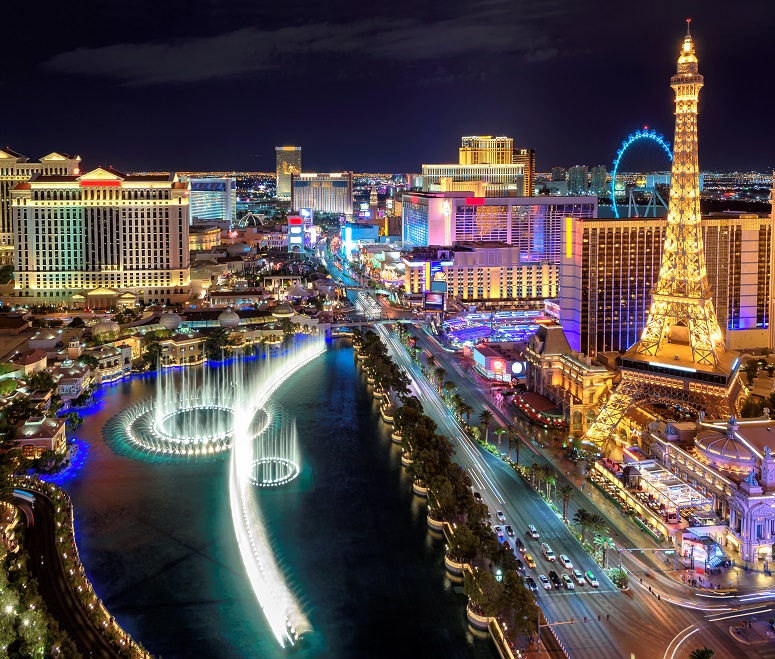 Aerial view of Las Vegas strip and the Bellagio Fountains