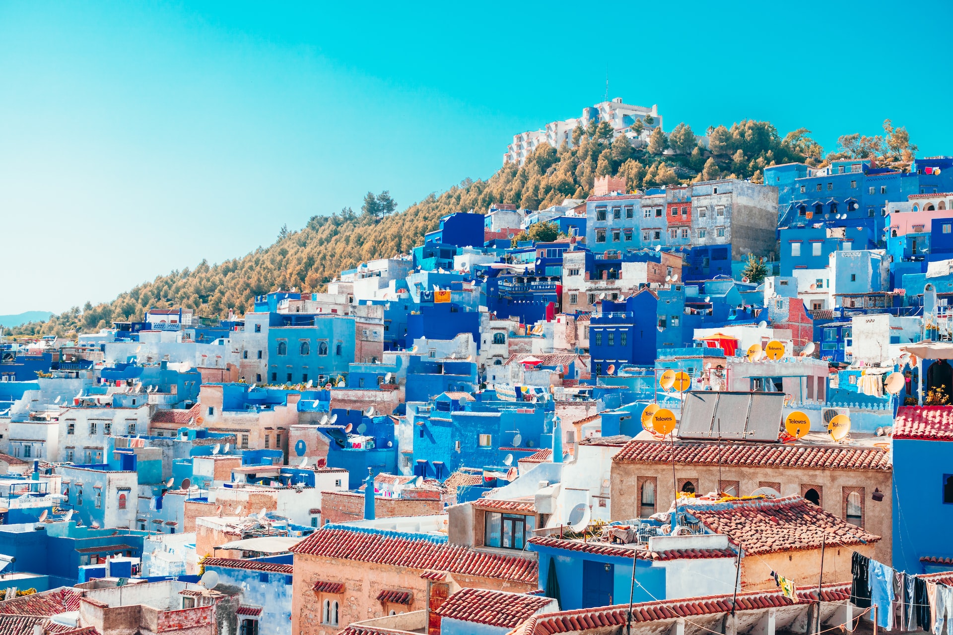 An image of the buildings in Chefchaouen , known as the 'City of Blue', in Morocco.