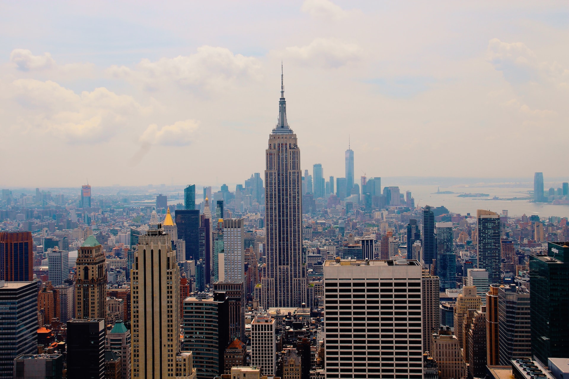 The Empire State Building stands amongst the skyscrapers of the city.