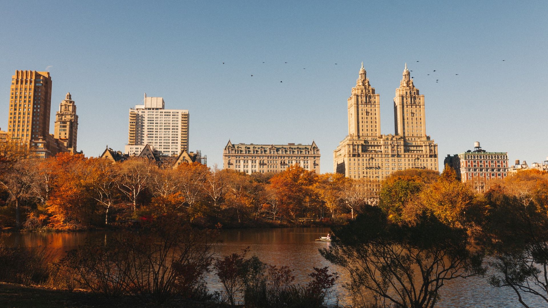 A lake in Central Park, surrounded by Autumn foliage with the city skyline in the distance.