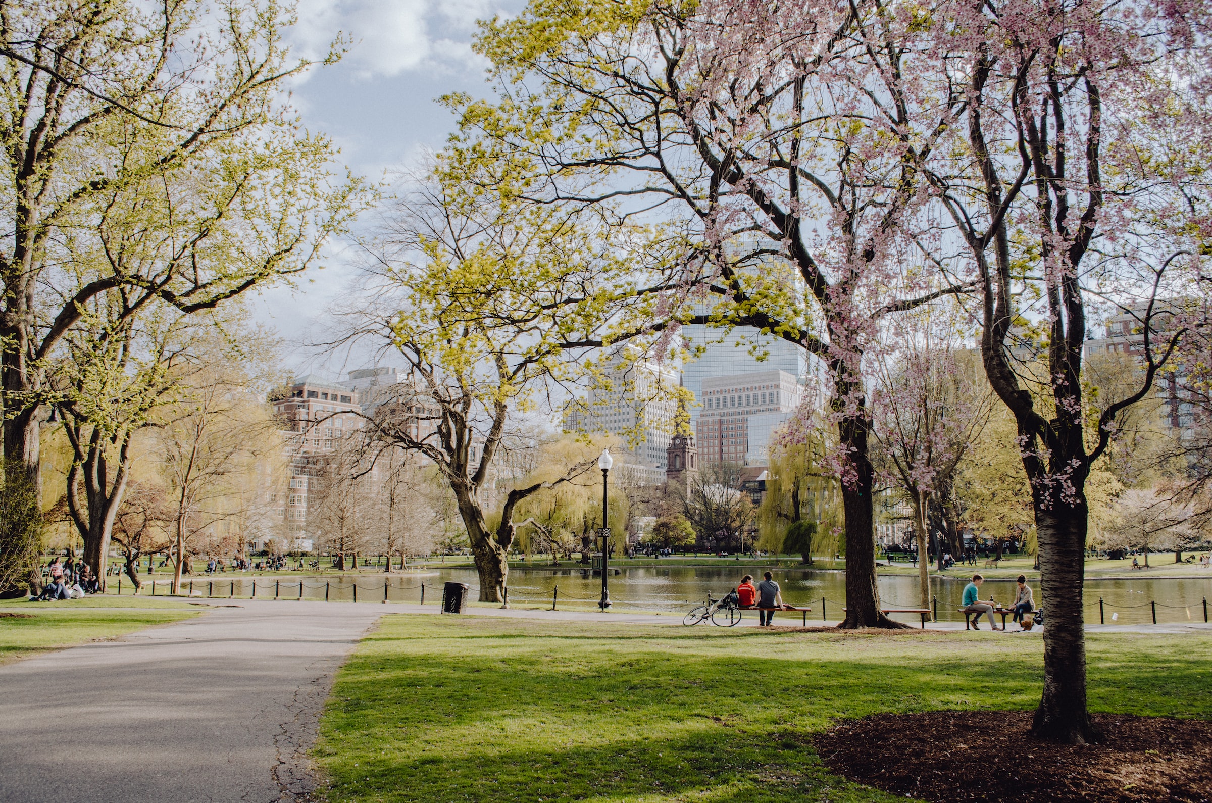 A pathway in Central Park, New York. The trees have some leaves, but are almost bare. Lake sits in the background.