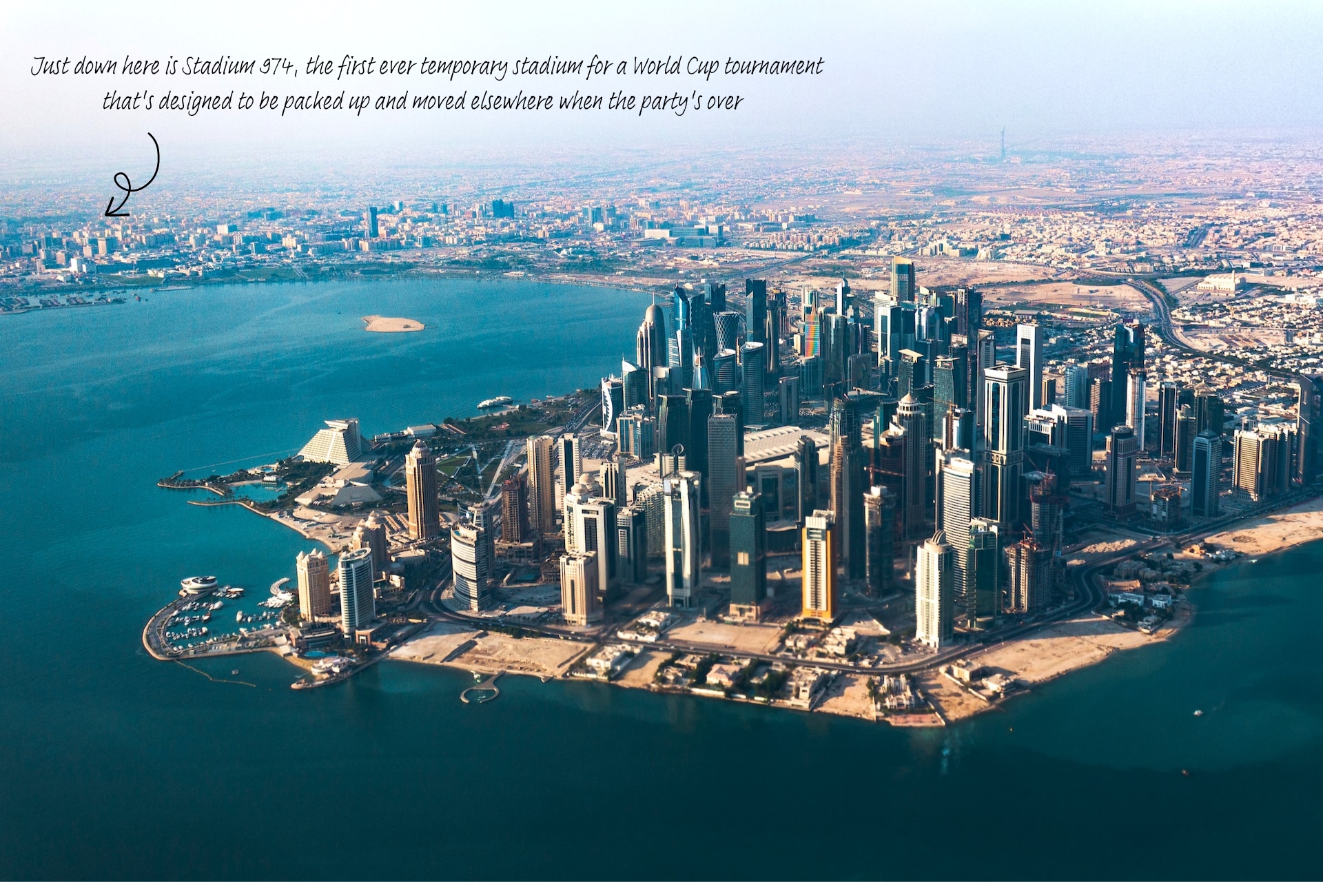 An image of the Doha skyline in Qatar. A scribble note points out that Stadium 974 is just at the bottom left of the picture.
