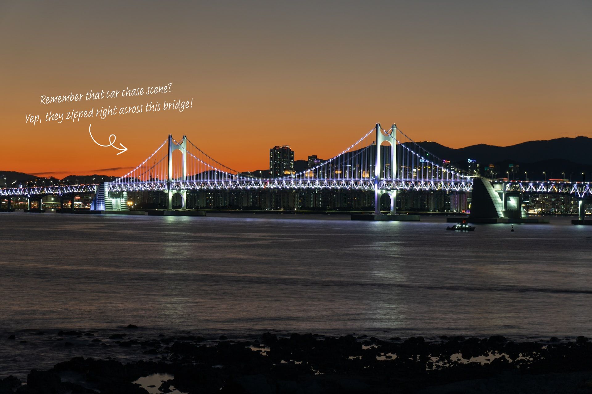 Gwangan Diamond Bridge at sunset in Busan, South Korea.