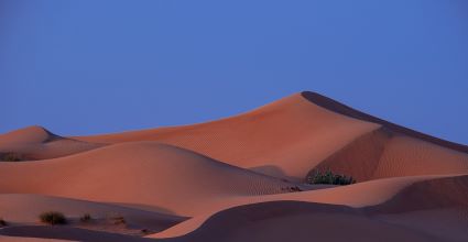 Sand dunes against a blue sky.