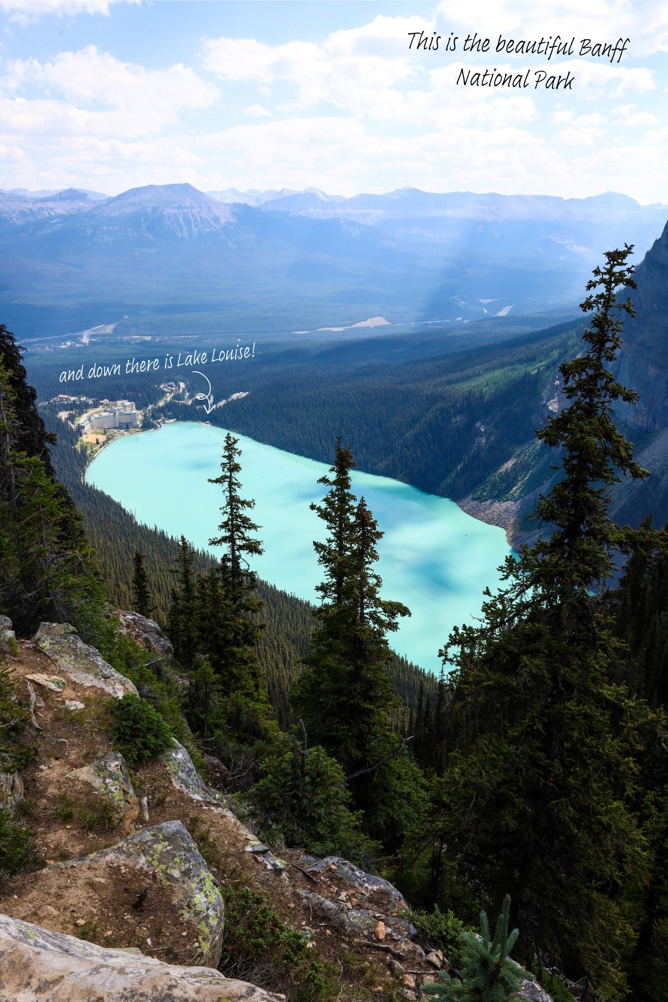 Lake Louise glows blue in Banff National Park, Canada.