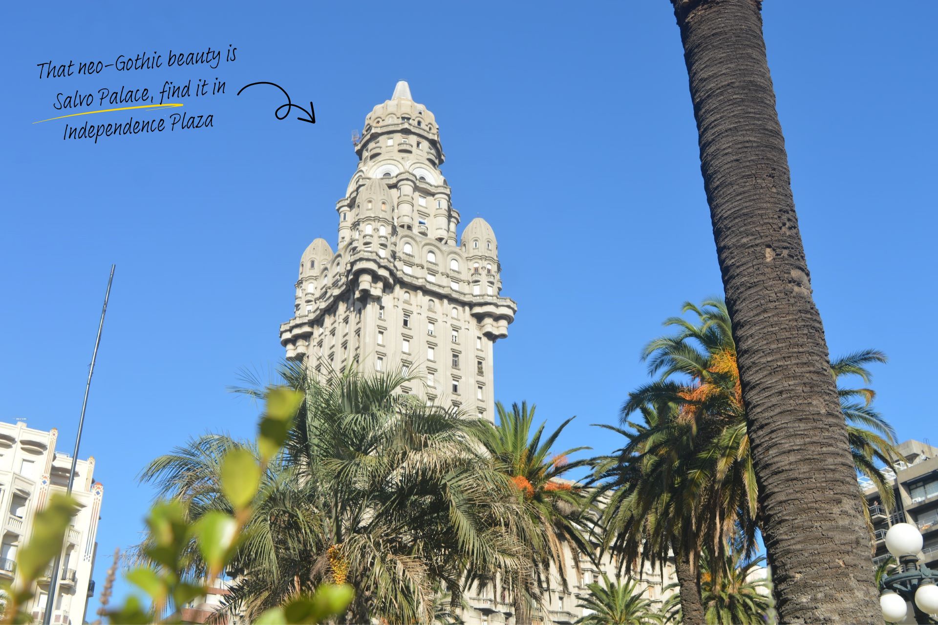 Looking up from ground level is the tower of Salvo Palace in Montevideo, Uruguay.