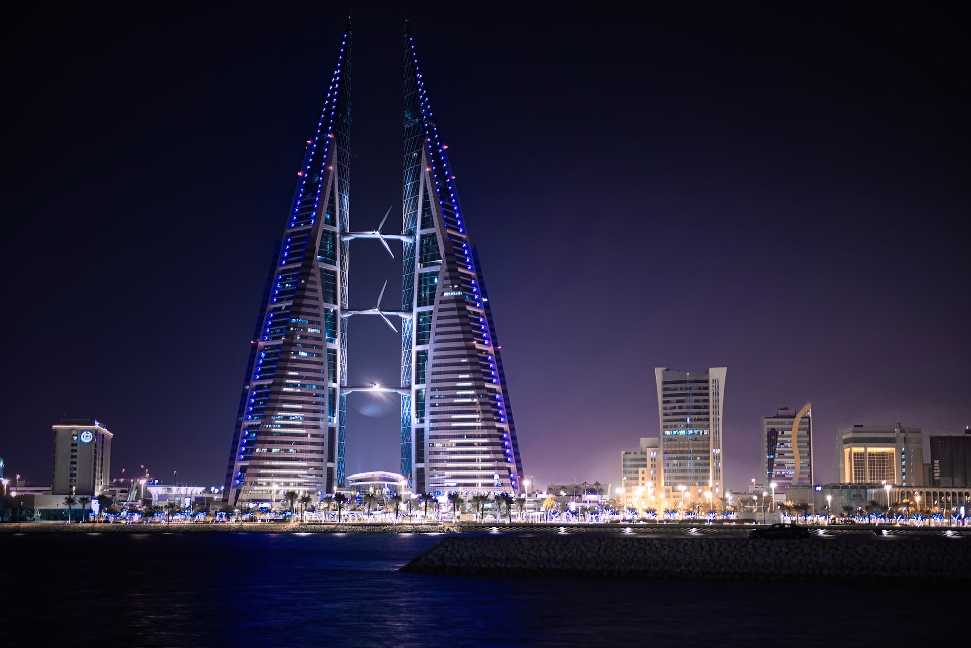 The World Trade Centre at night in Manama, Bahrain.