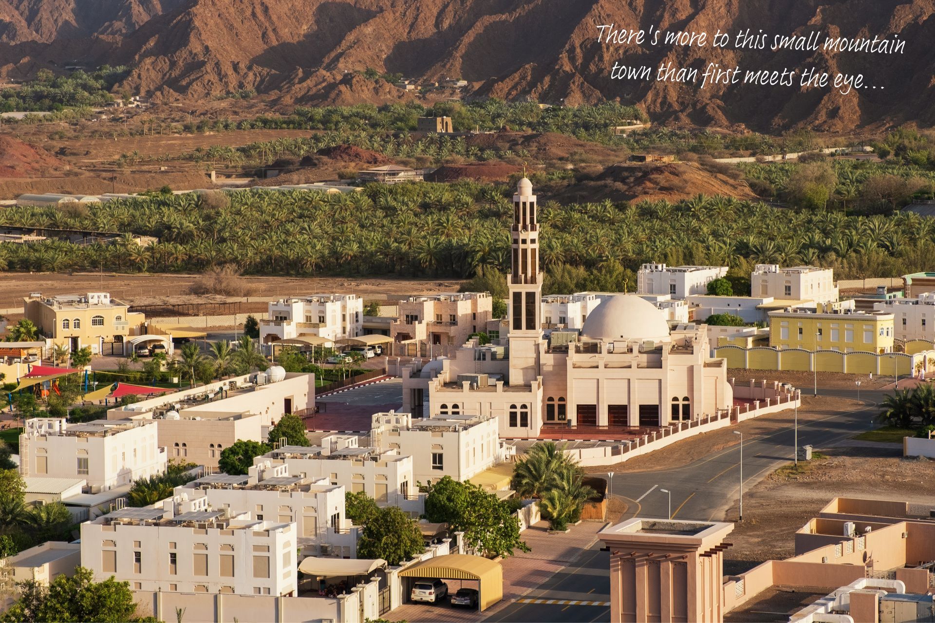 Hatta town centre, with mountains looming in the background.