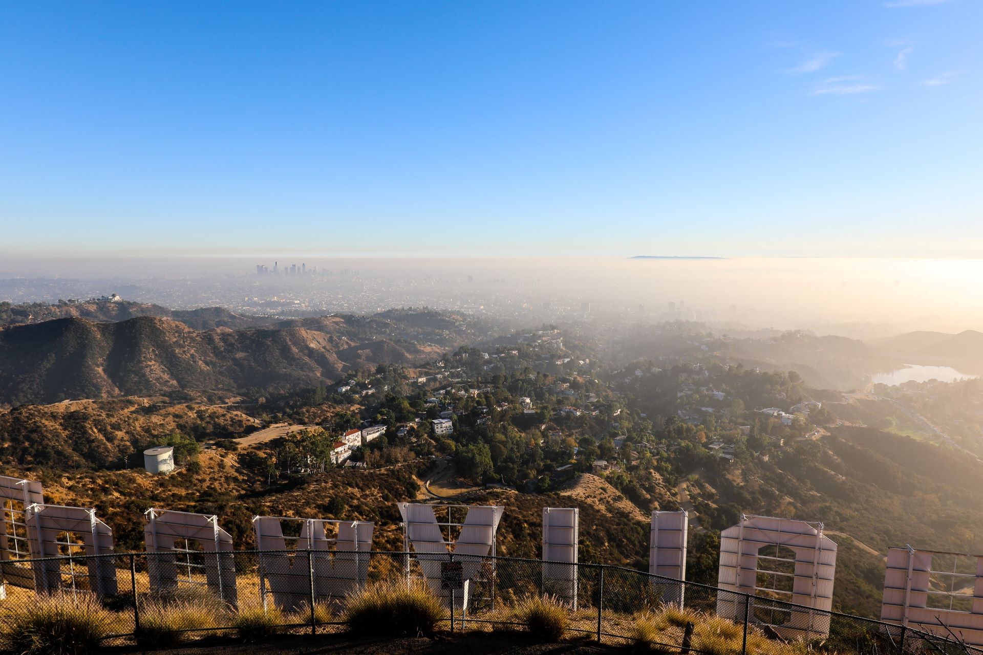The view from the Hollywood Sign in the Hollywood Hills, Los Angeles.