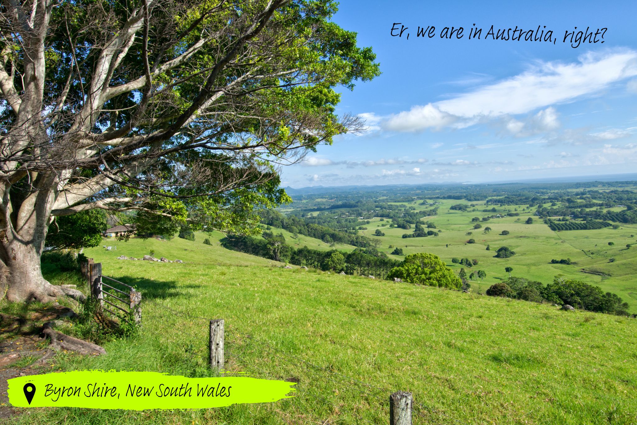 Blue skies and fields of rolling, green grass across the landscape in Byron Shire, New South Wales. An image very similar to that of the English countryside.