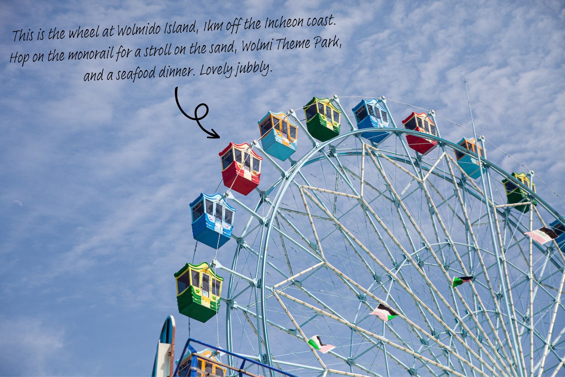 A low angle shot of a Ferris wheel against a blue sky with faint clouds.