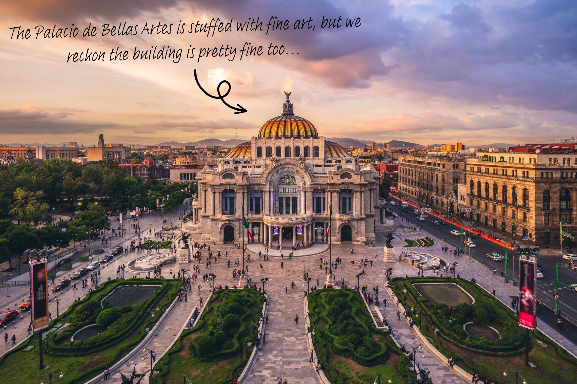 The Palacio de Bellas Artes in Mexico City at sunset - a building in the style of Art Nouveau, with a glass dome at the top, and surrounded by a square bustling with people.