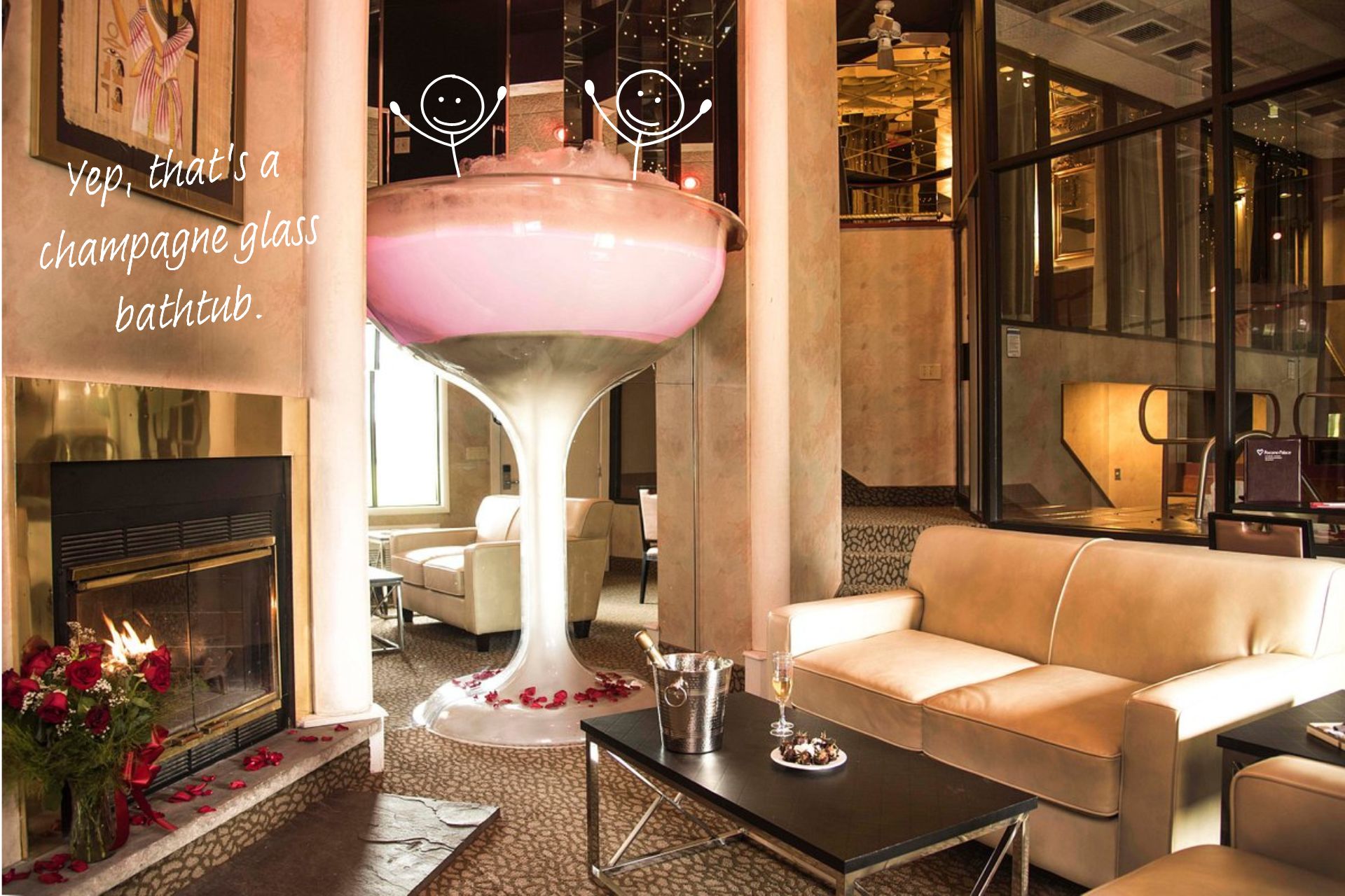 The Roman Tower Room at Pocono Palace Resort, Philadelphia, famous for its huge champagne glass bathtub that dominates the space.