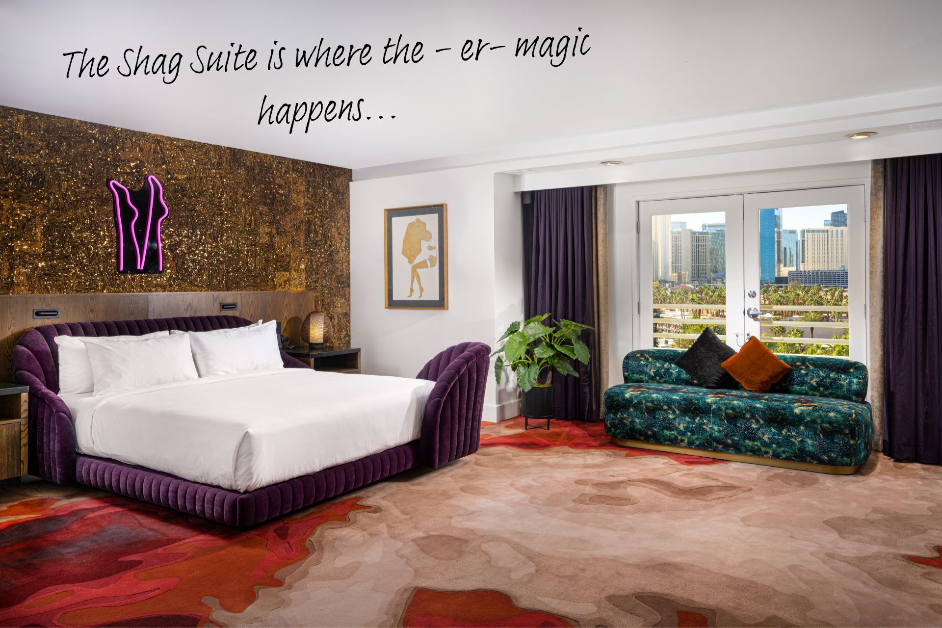 The Shag Suite at Virgin Hotels Las Vegas - large room with a carpet that has an abstract pattern, a sofa, a large bed with a kitschy neon legs sign above the headboard.