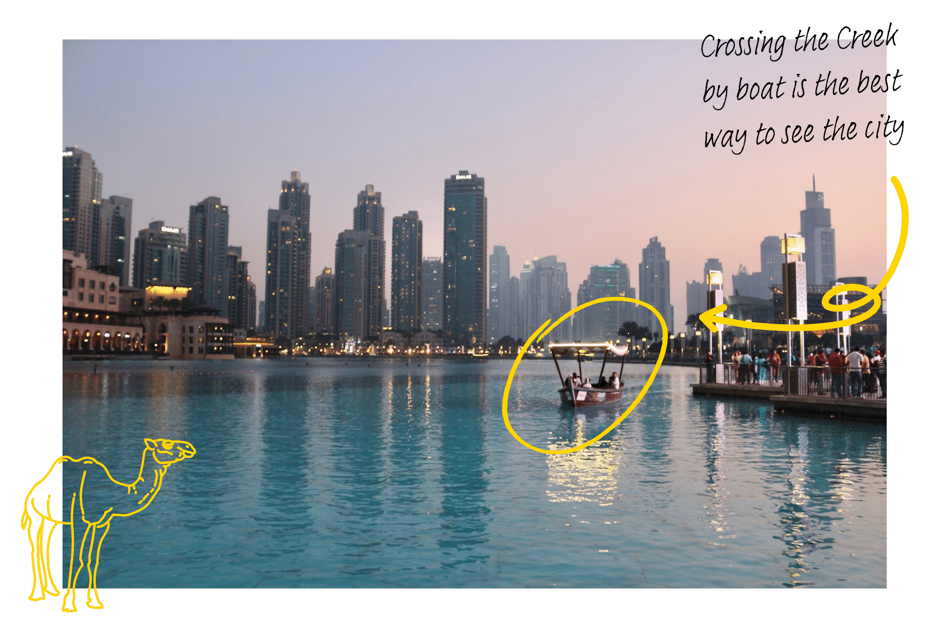 Dubai Creek at sunset, with a boat on the water, skyscrapers lining the water, receding far into the distance.