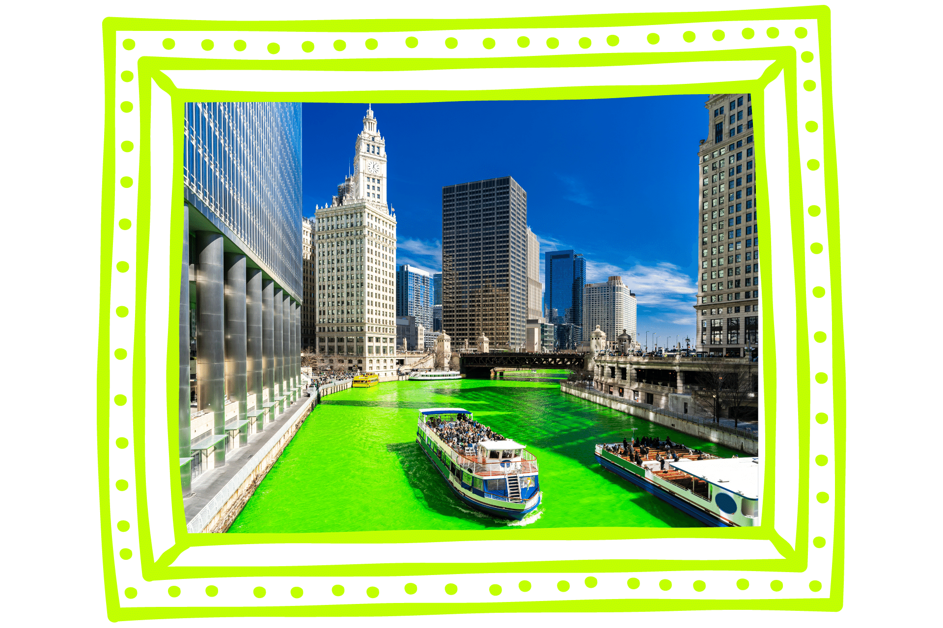 The river in Chicago, turned green for St Patrick's Day celebrations. A river boat full with people cruises through it.