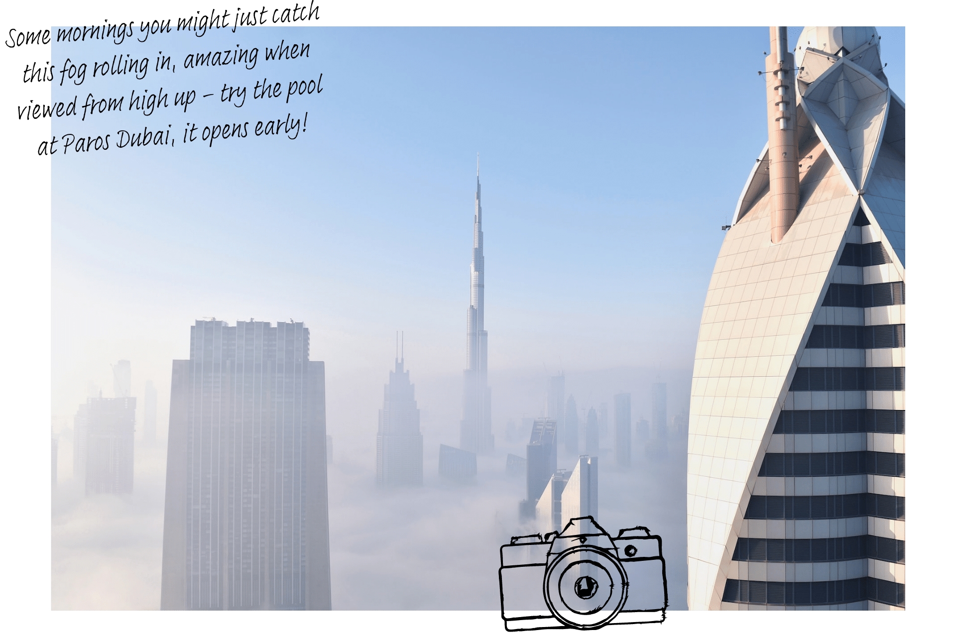 Fog rolls in, high up in the skies above Dubai, skyscrapers looming in close.
