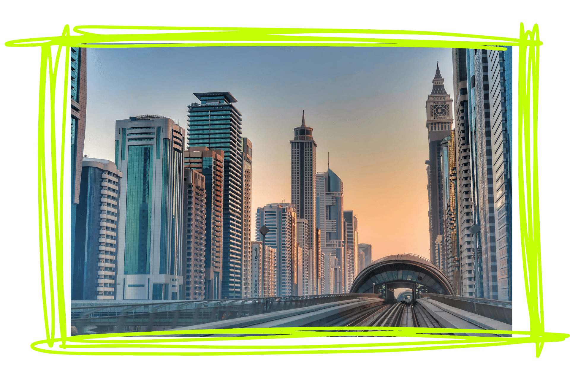 A station of the Dubai metro in the shadow of many skyscrapers.