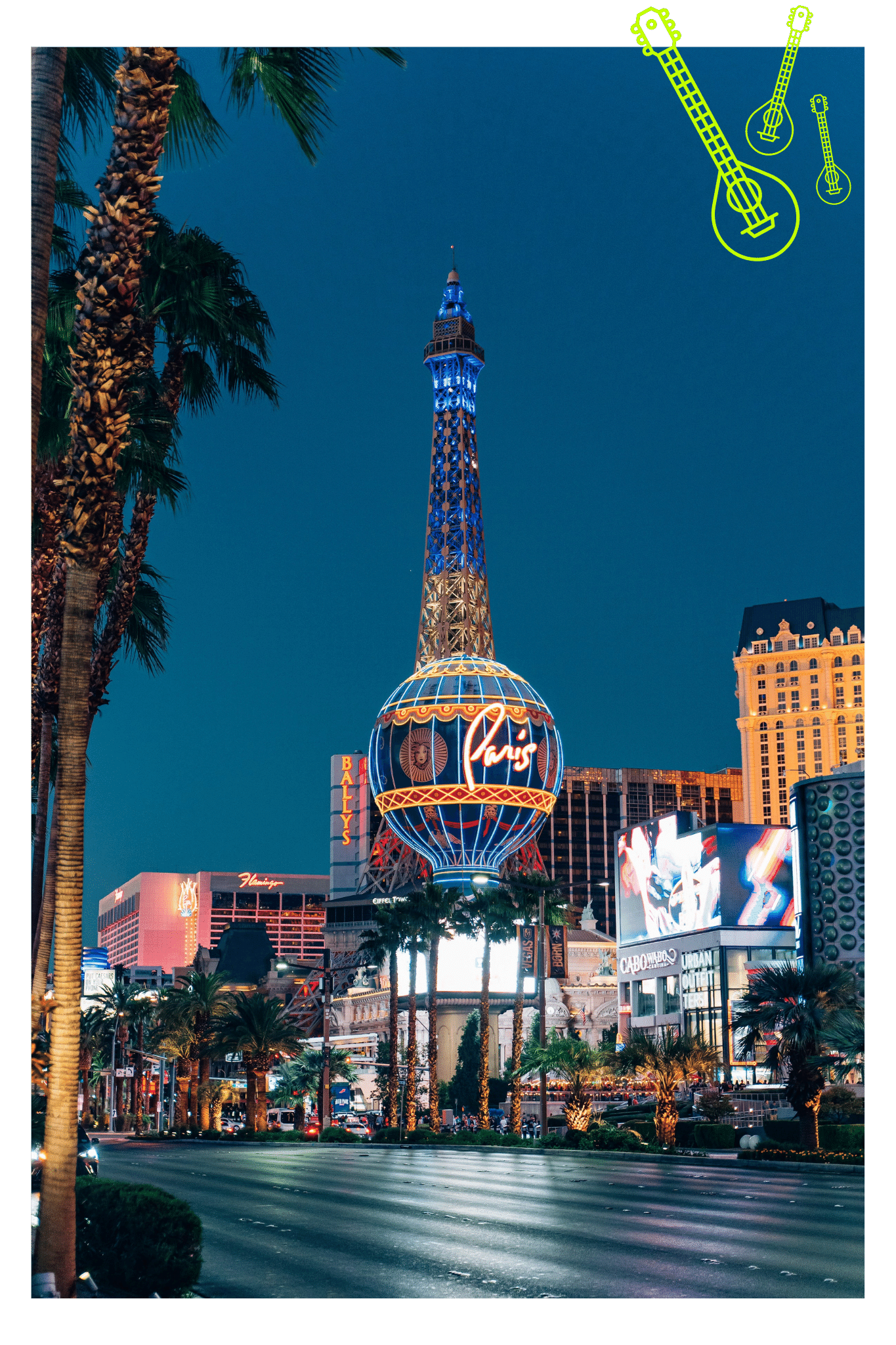 Various Las Vegas icons like the Eiffel Tower and the Paris hot air balloon, are lit up at night on the Strip.