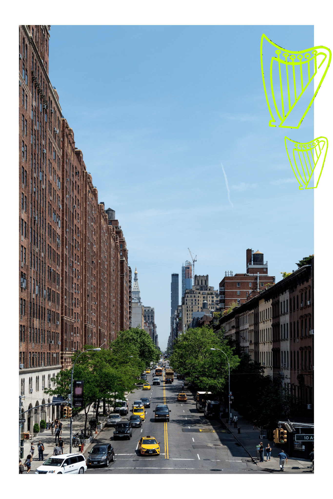 Looking down a street in New York, traffic passing along it, including the famous yellow taxis. Skyscrapers of downtown New York in the far distance.