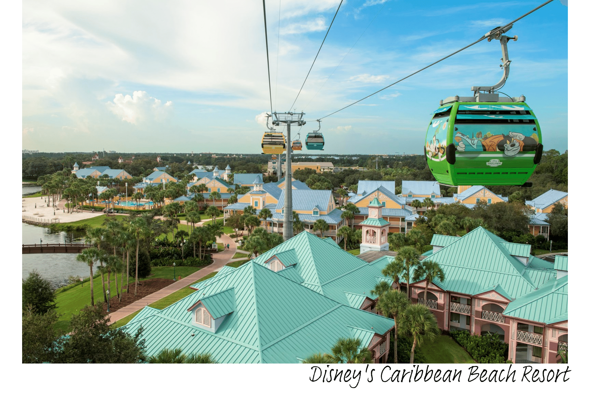 The Skyliner glides above Disney's Caribbean Beach Resort.