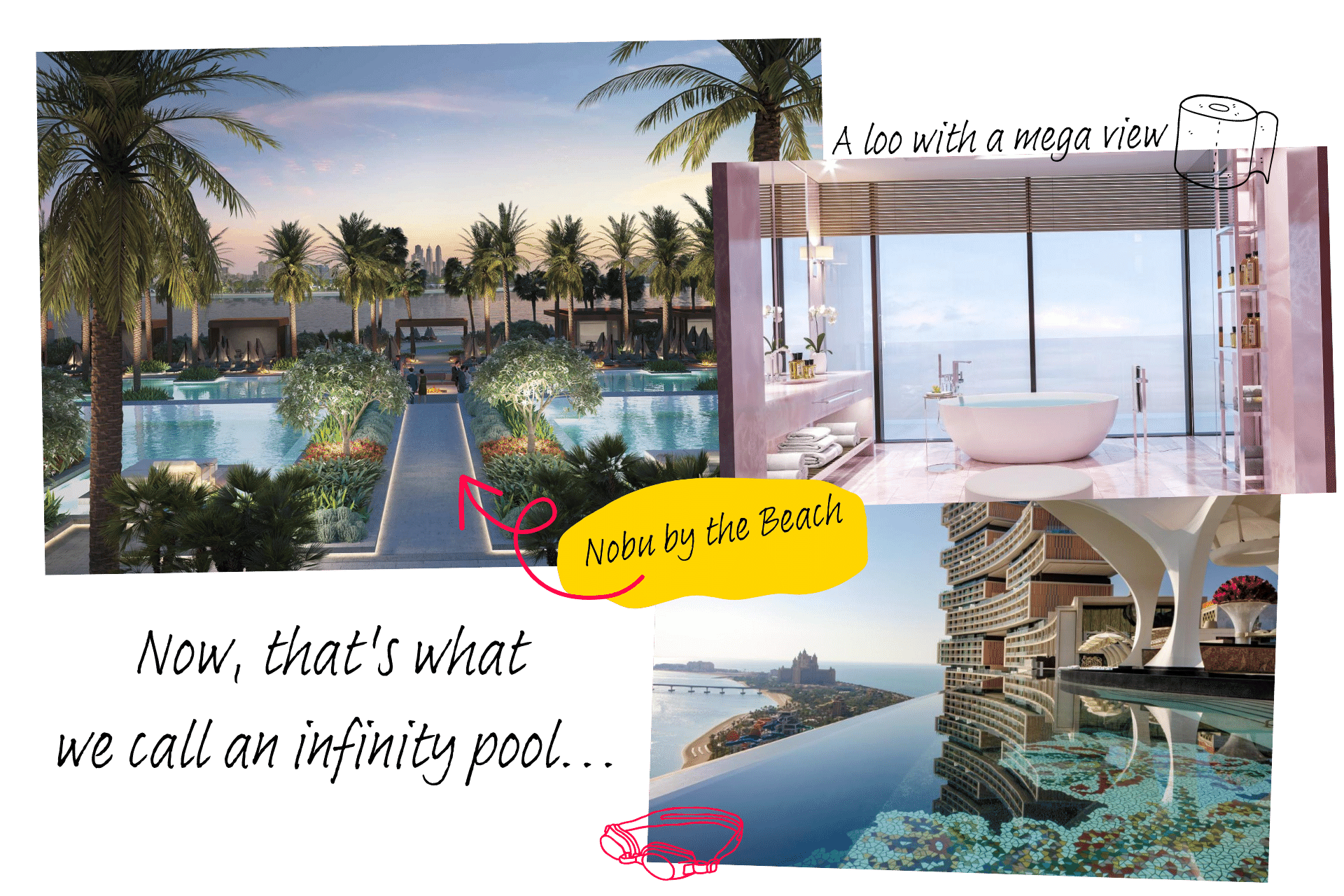 A collage of images from Atlantis the Royal, a luxury hotel in Dubai, show a poolside restaurant lined with palm trees, a bathroom with a standalone tub and a sea view, and an infinity pool.