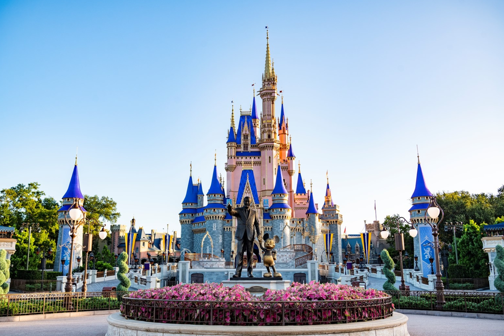 Cinderella's Castle rises into a blue sky at the Magic Kingdom Park at Walt Disney World, Florida.