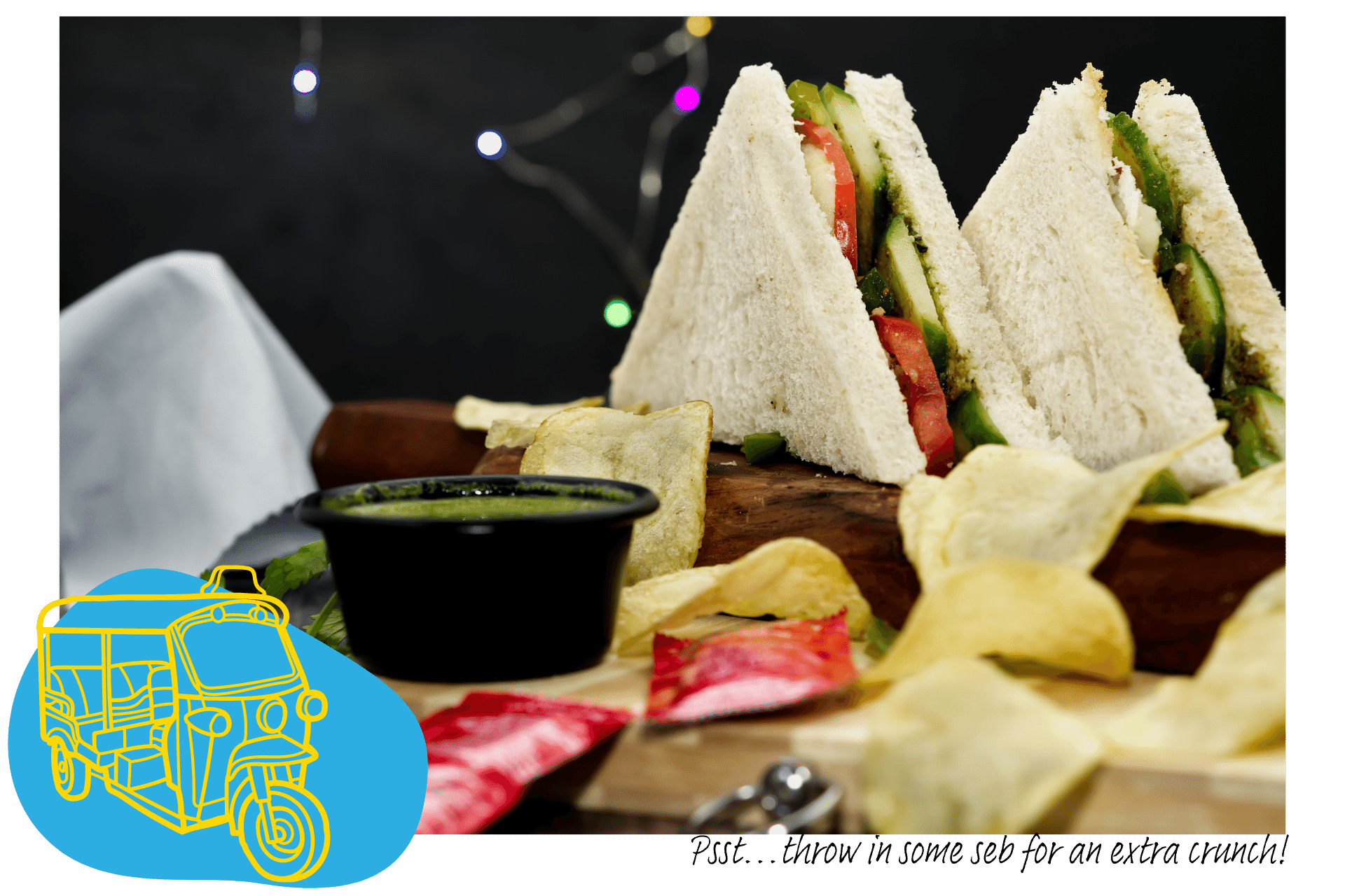 An image of a Bombay Sandwich artfully arranged amongst some scattered crisps.