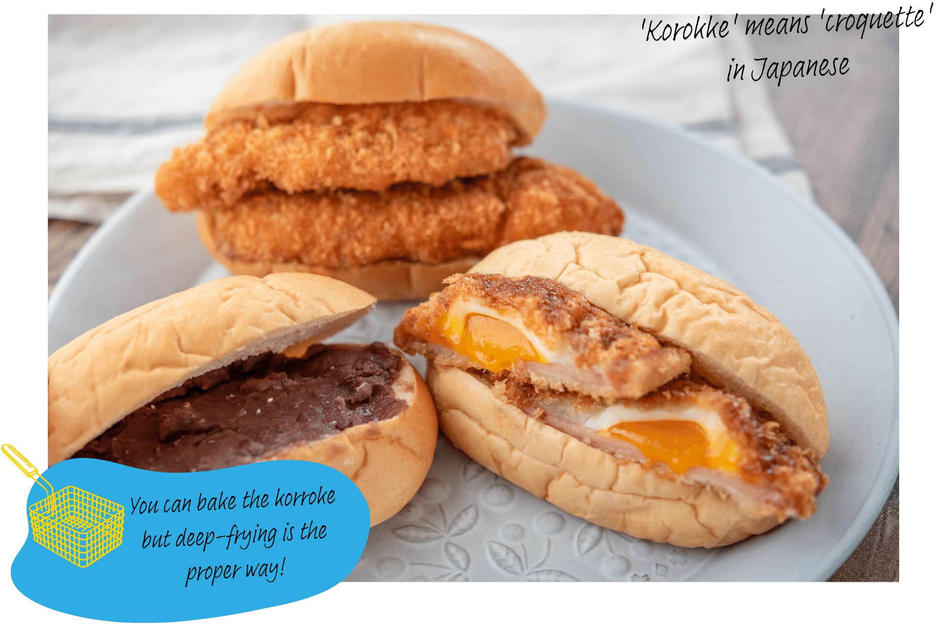 Three bread buns sit on a plate, each cut open with a variation on Croque Madame slotted inside.