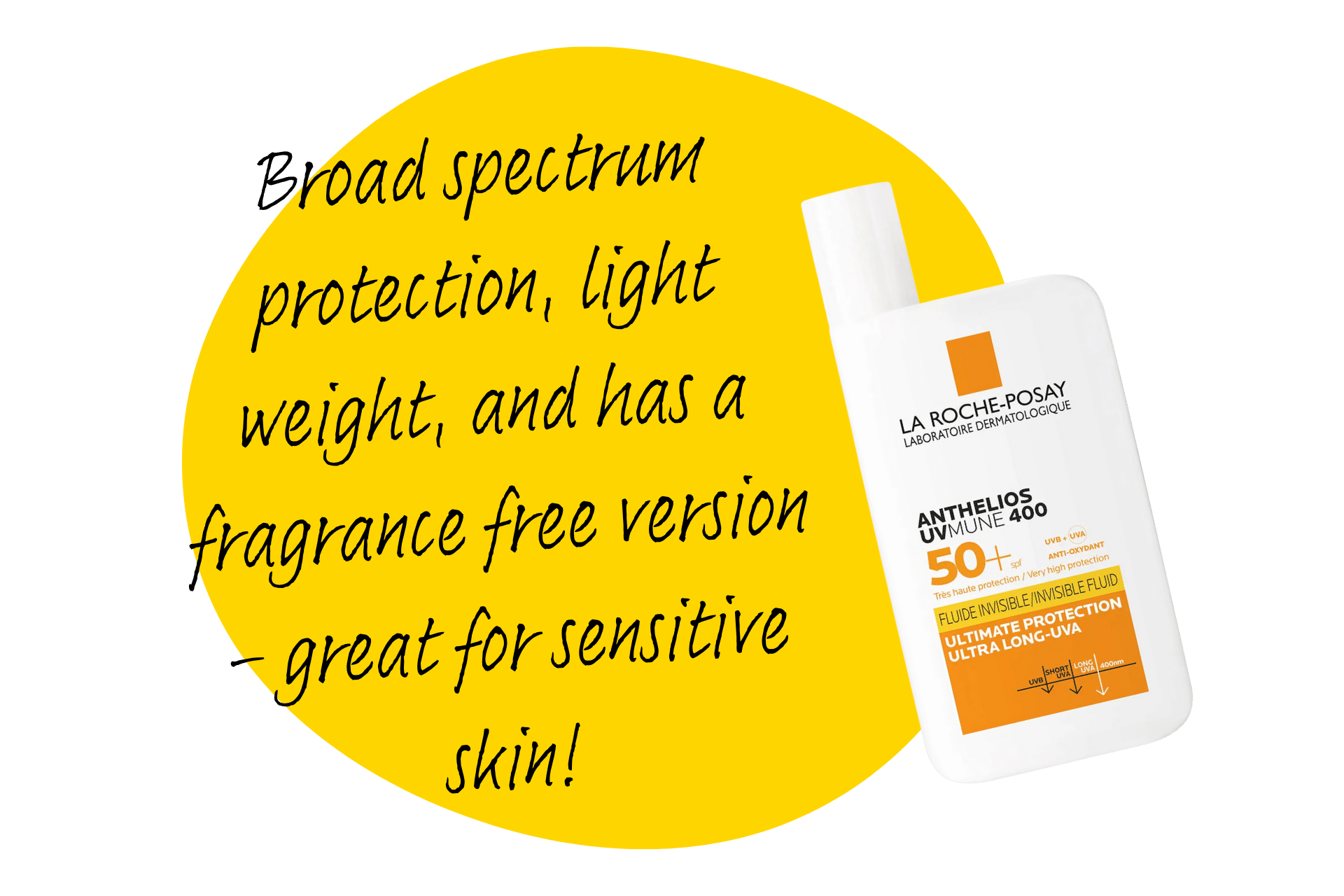 La Roche-Posay Anthelios UVMUNE 400 Invisible Fluid SPF 50+ has broad spectrum protection, is light weight and has a fragrance free version for sensitive skin, making it one of the best sunscreens right now.