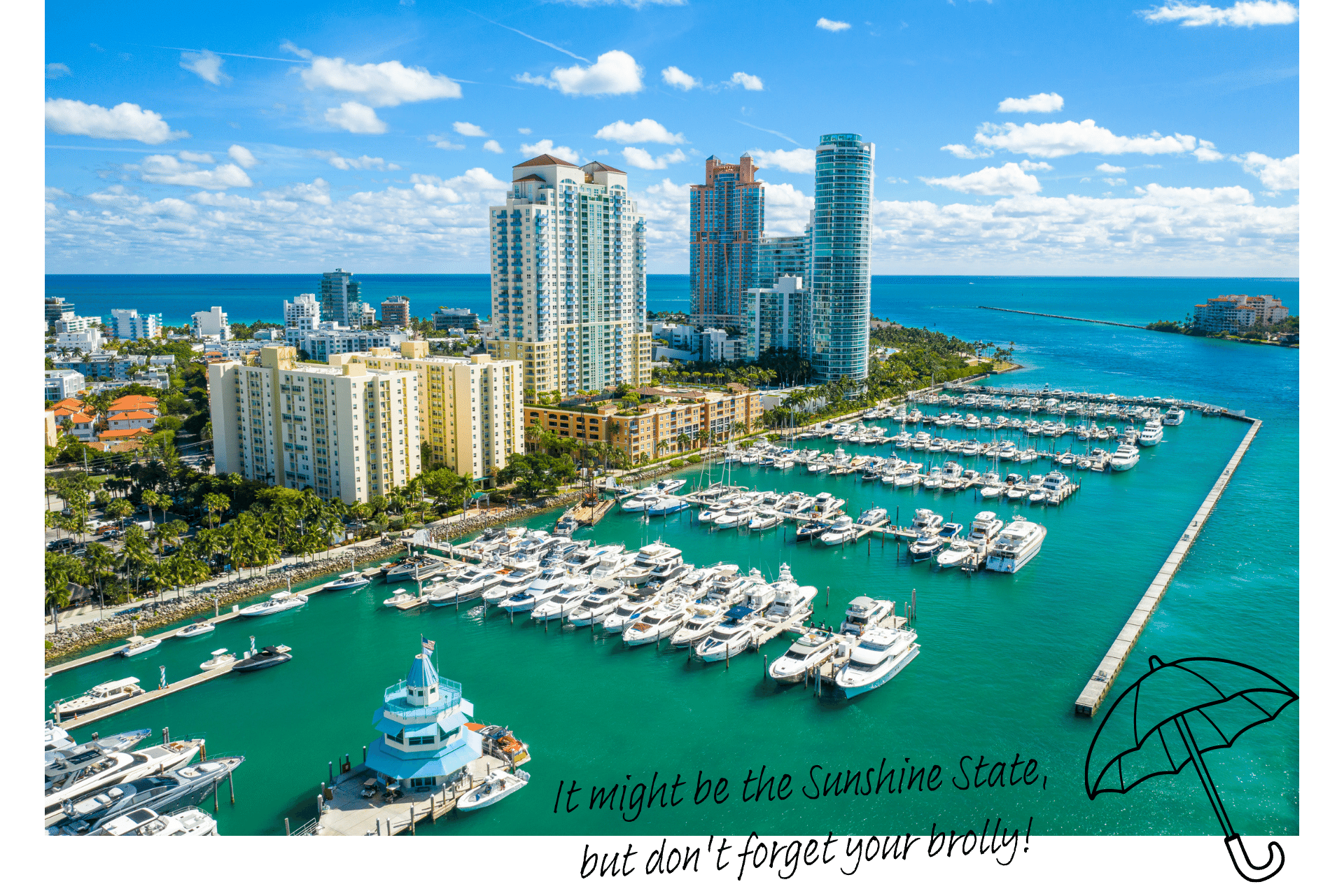 What's the weather like in Florida? An image shows the marina in Miami from the sky.
