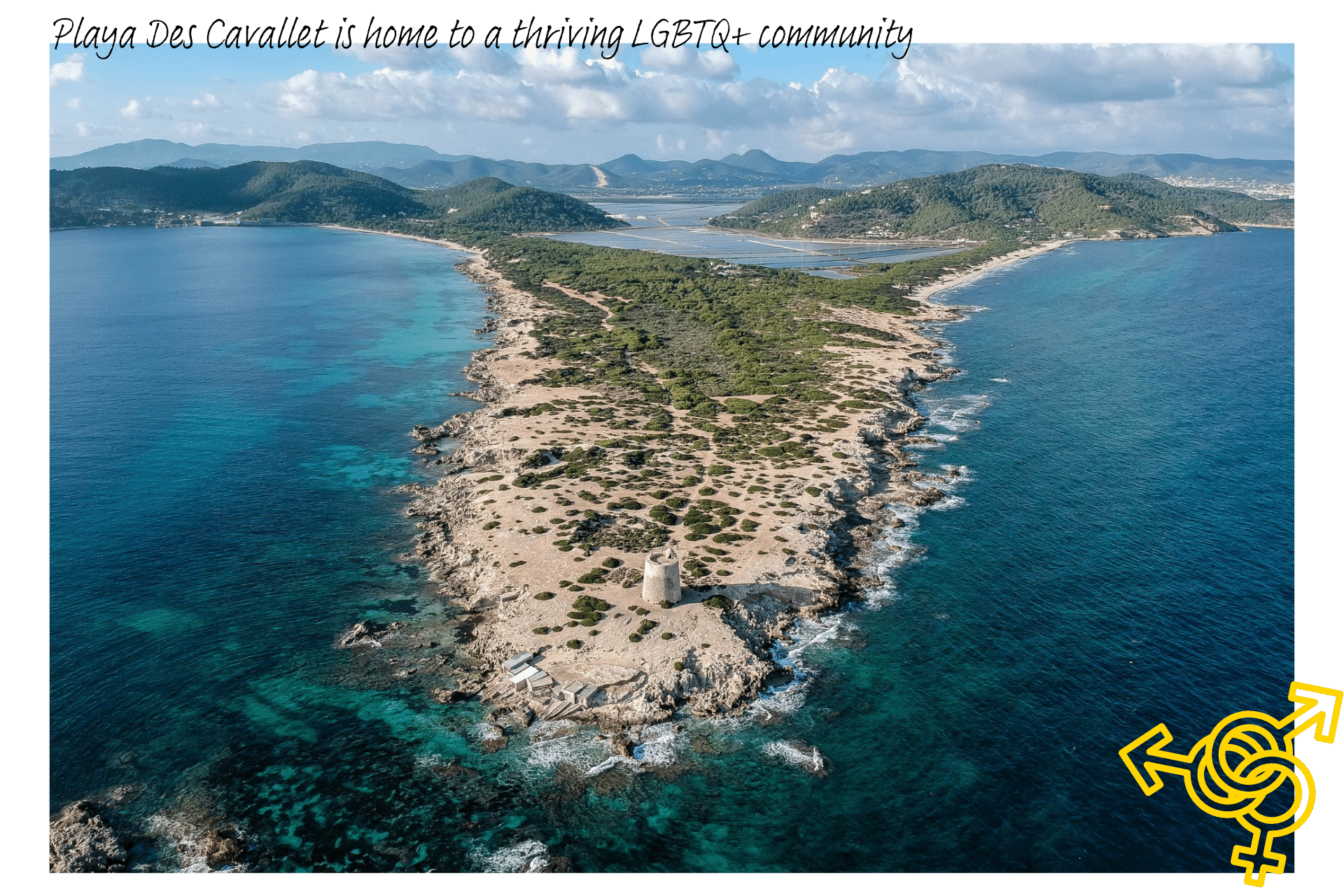 Playa des Cavallet in Ibiza is one of the world's best nudist beaches for members of the LGBTQ+ community. A rocky outcrop reaches toward the viewer, with two beaches running down either side of it, green hills in the far distance.