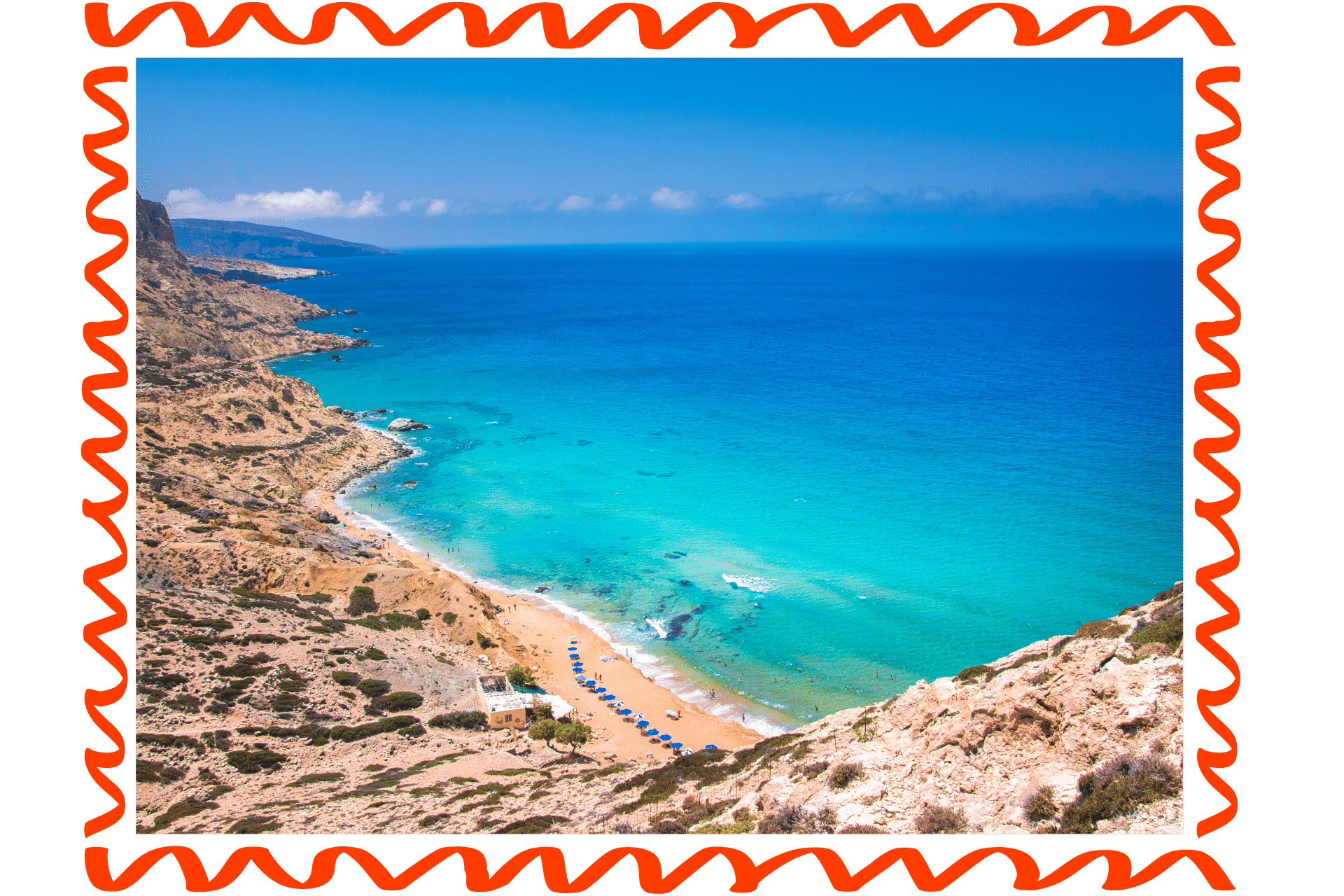 Red Beach, in Crete, is one of the world's best nudist beaches. A rocky coastline, with a small strip of sand, meets an intensely blue sea.