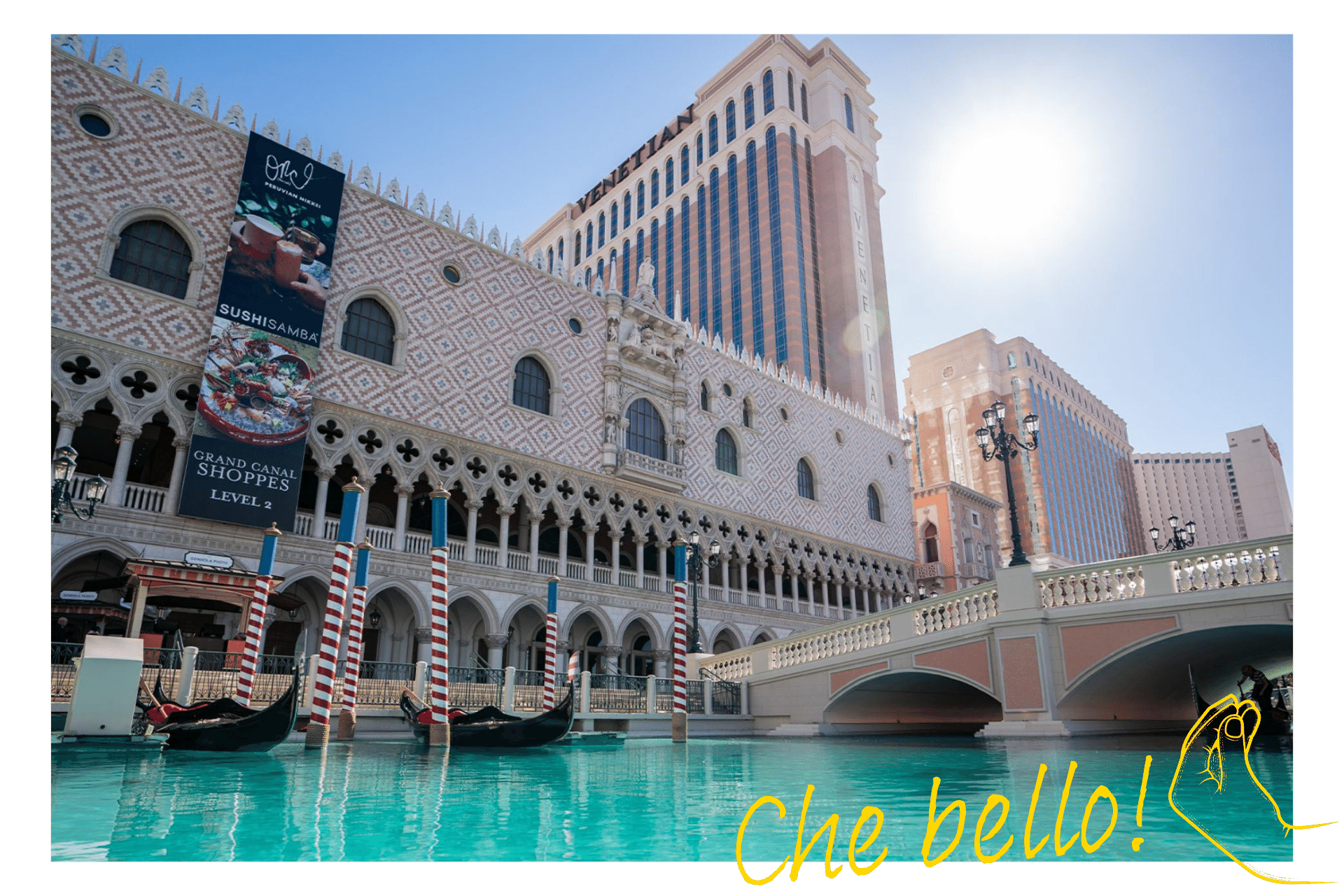 An image of Gondolas resting on the water at the Venetian Resort in Las Vegas. Booking tickets in advance is one of our top tips for Las Vegas.