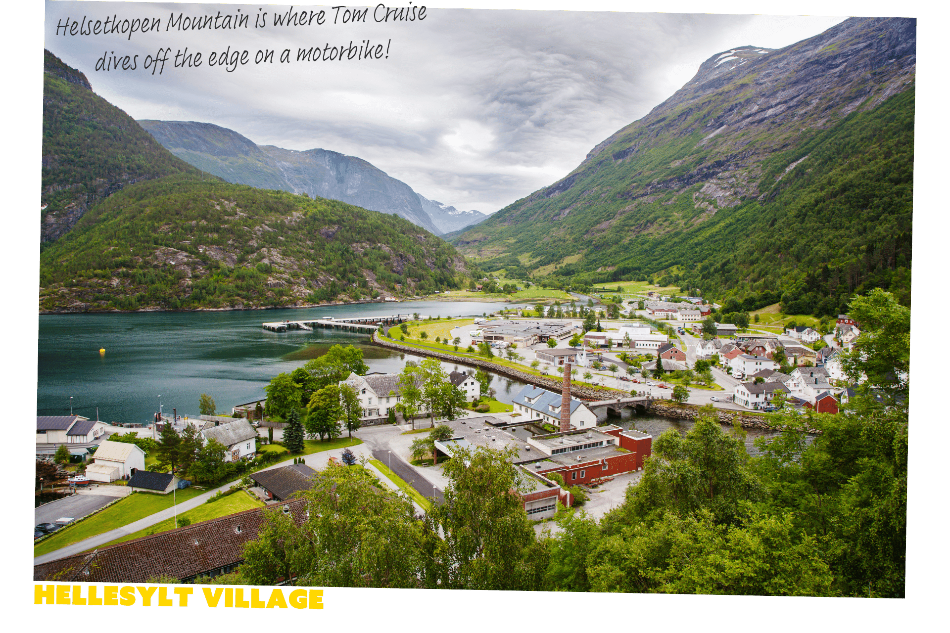 Aerial view of Hellesylt Village - one of the Mission Impossible 7 filming locations