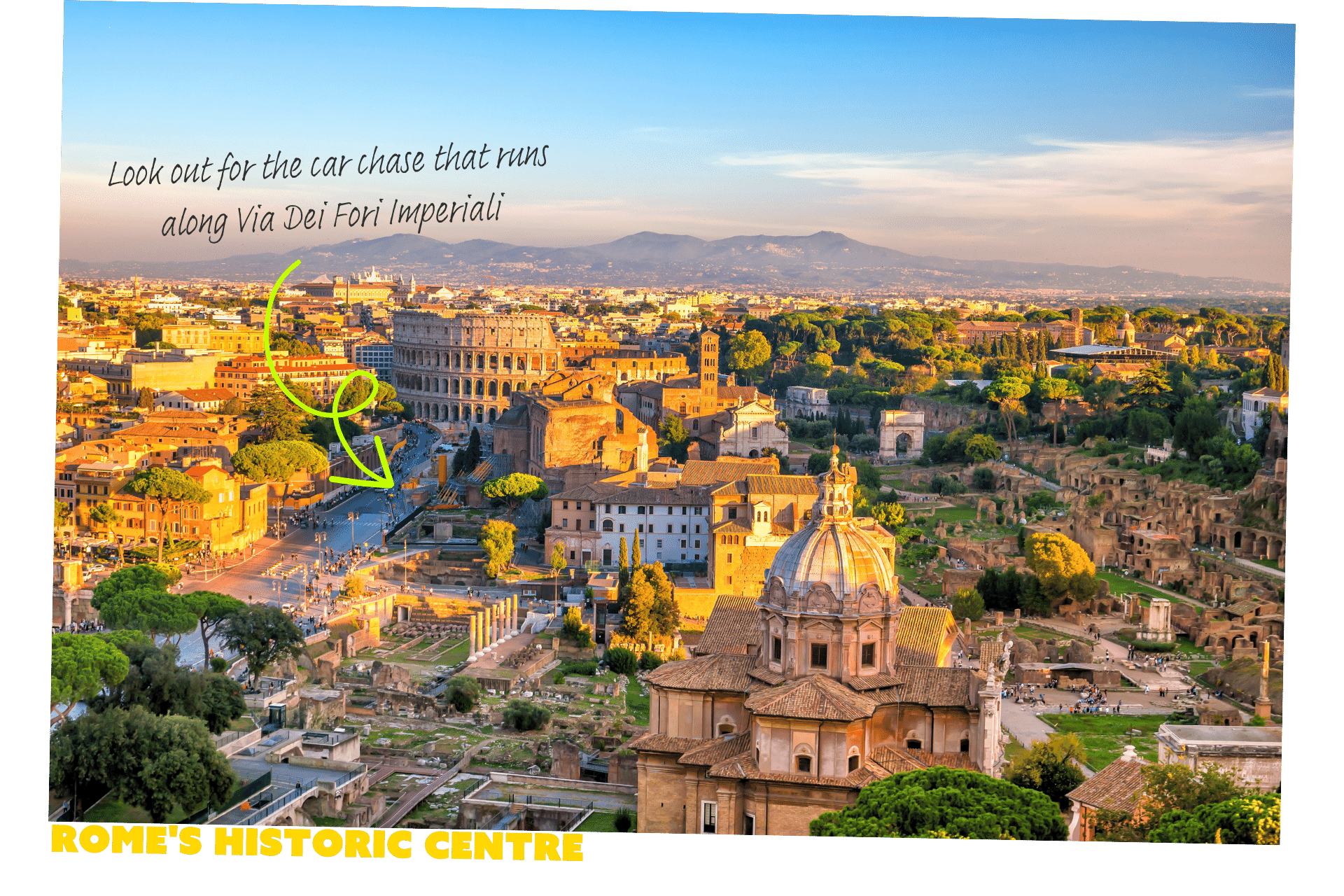 Aerial view of the historic centre of Rome featuring the Colosseum and the Roman Forum - one of the Mission Impossible 7 filming locations