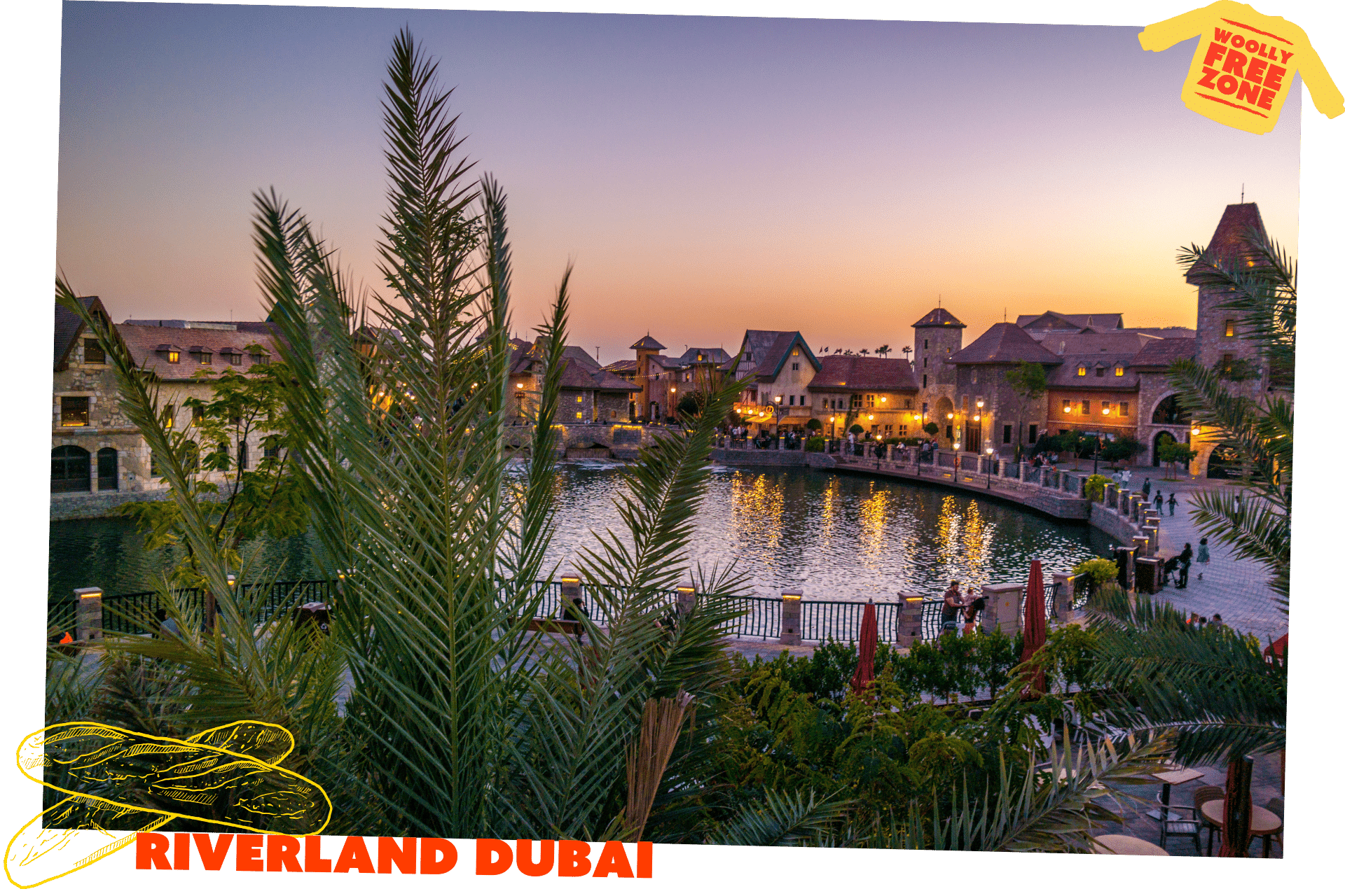 Riverland Dubai is one of the best free winter activities in Dubai. A sunset shot over a river in the French Village section of Riverland Dubai.