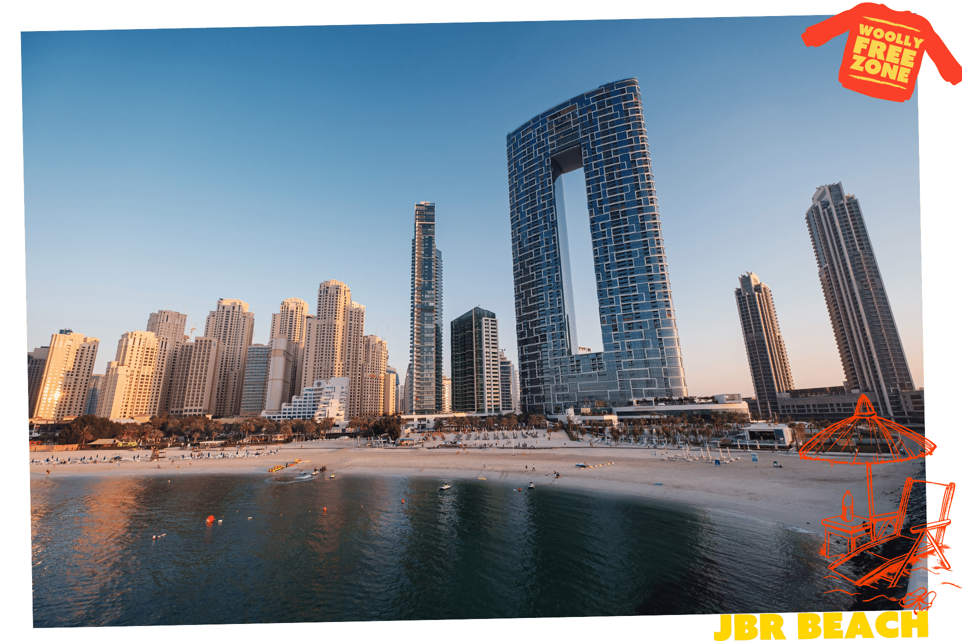 The beaches are one of the best free winter activities in Dubai. JBR Beach, with high rises along the sand, and the Address Beach Resort Dubai towering over it.