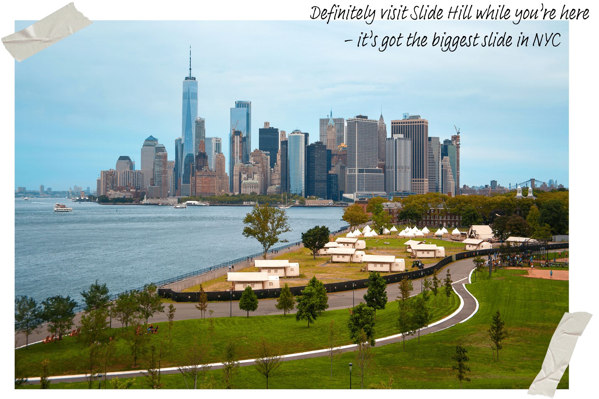 An overview of Governor's Island, with the Manhattan skyline in the background.