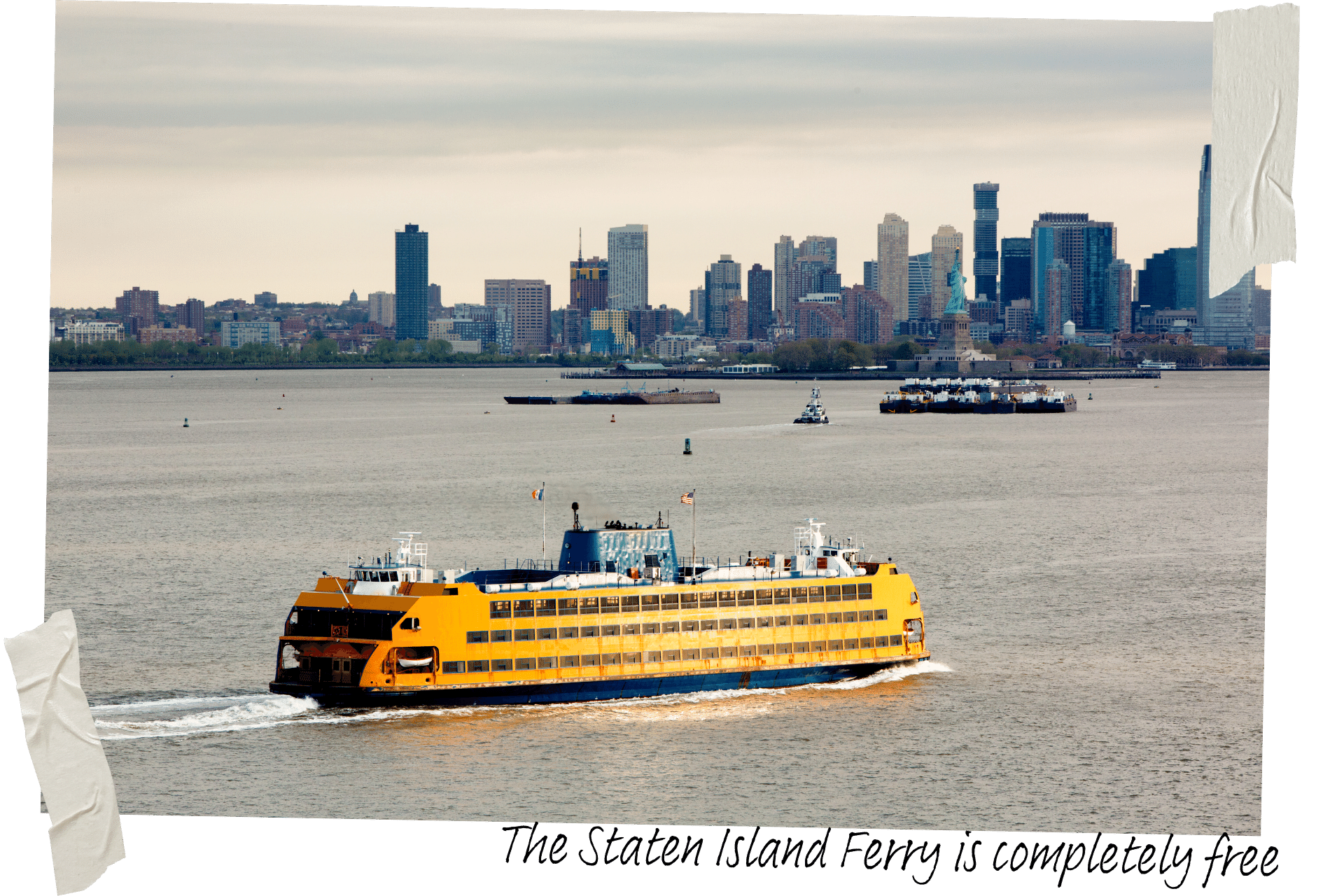 A yellow ferry crosses the river, the New York city skyline in the background against an overcast sky.
