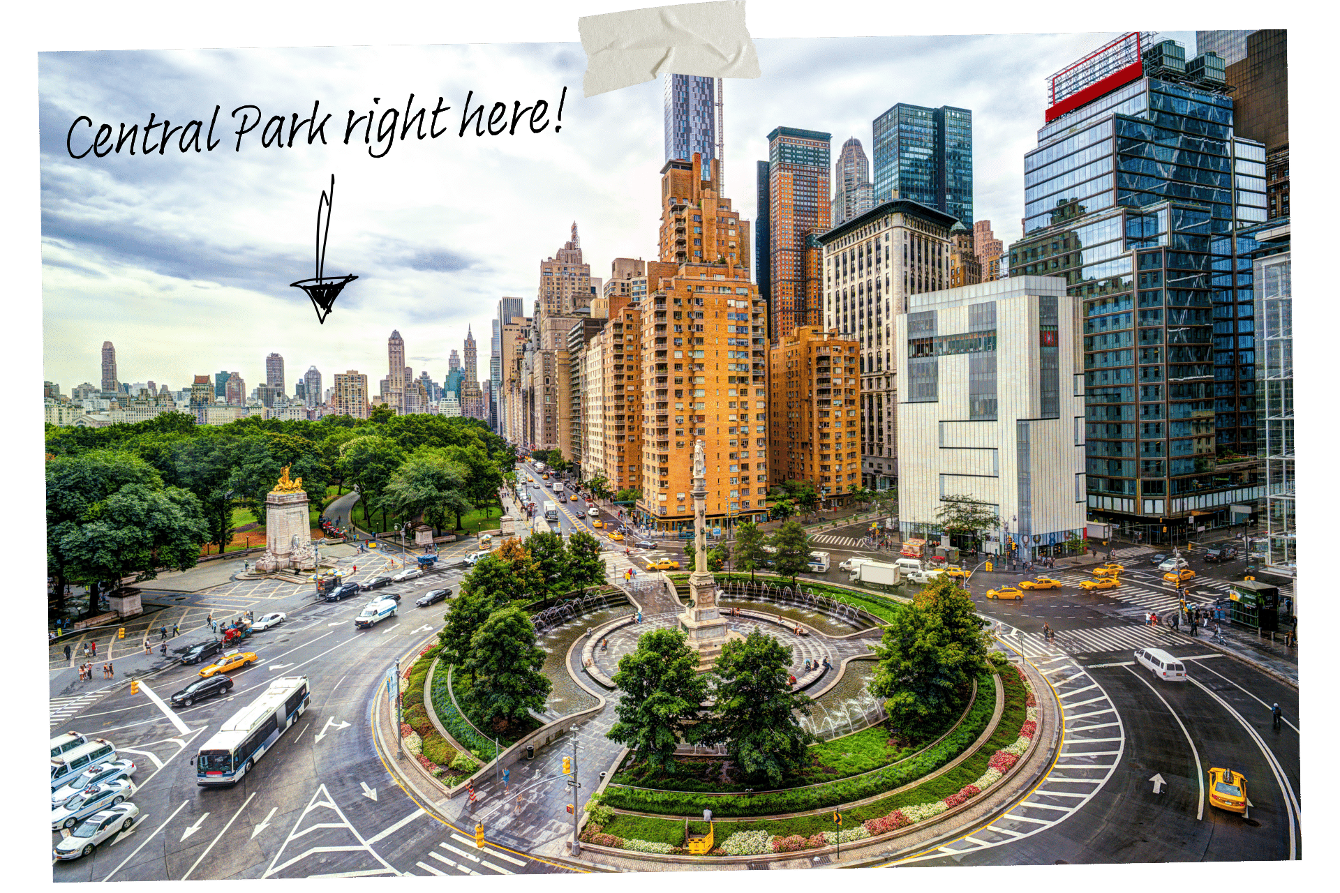 Colombus Circle has a bunch of NYC's must-visit stores. Image shows a circular roundaout lined with trees and shrubbery and surrounded by high-rises to the right right, and Central Park to the left.